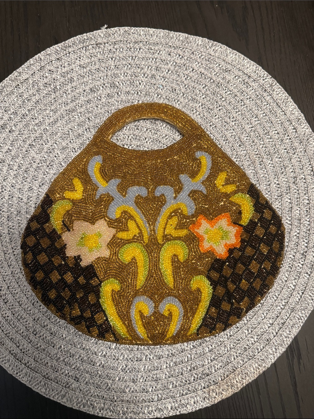 Beaded Floral Pattern Handbag in Brown and Yellow